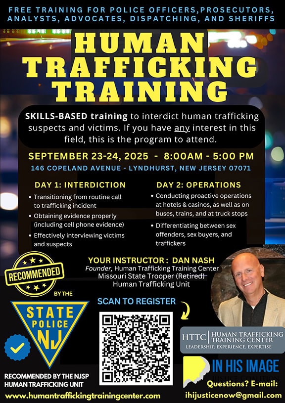 Advanced human trafficking training for police officers, prosecutors, and advocates focused on detecting and combating human trafficking with skills-based modules on undercover operations, evidence collection, and victim interviewing.