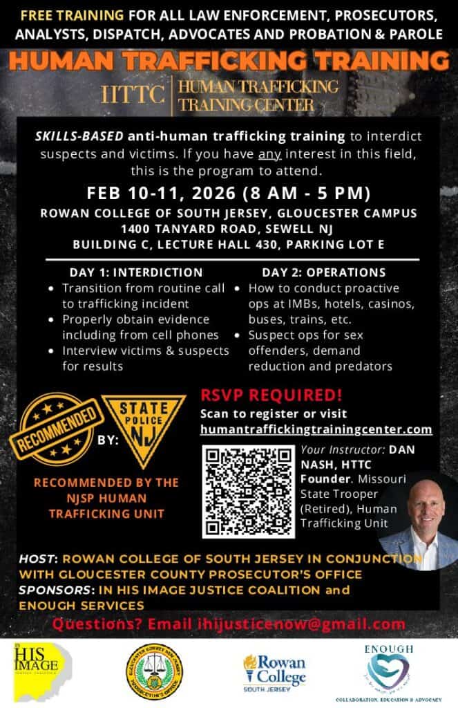 Advanced human trafficking training for police officers, prosecutors, and advocates focused on detecting and combating human trafficking with skills-based modules on undercover operations, evidence collection, and victim interviewing.